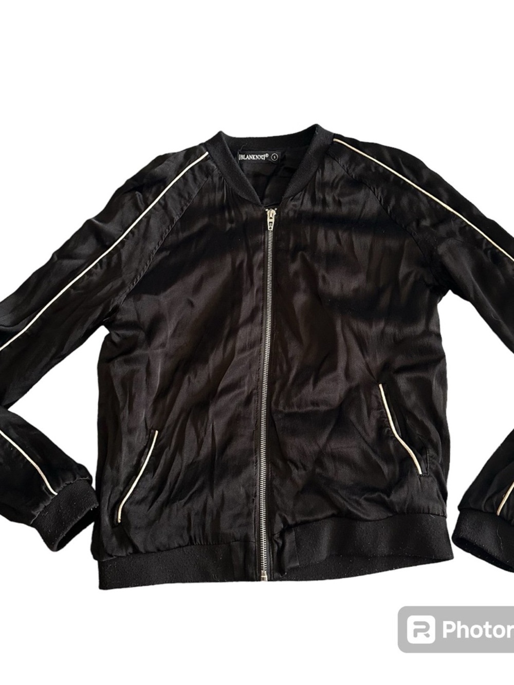 Blank NYC Black Satin Bomber Jacket with White Contrast Piping